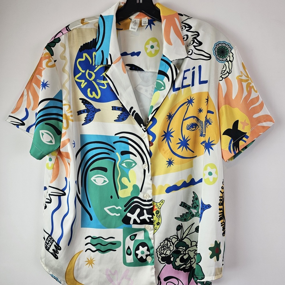 Joie Womens Button Front Shirt Blouse Top Faces Sun Artsy Satin Picasso L Boho